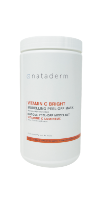 A white container with dark orange writing